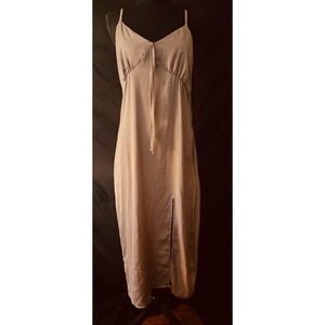 No Comment NY-LA Satin Midi Dress Mauve Champagne Tie Front Slip Womens L